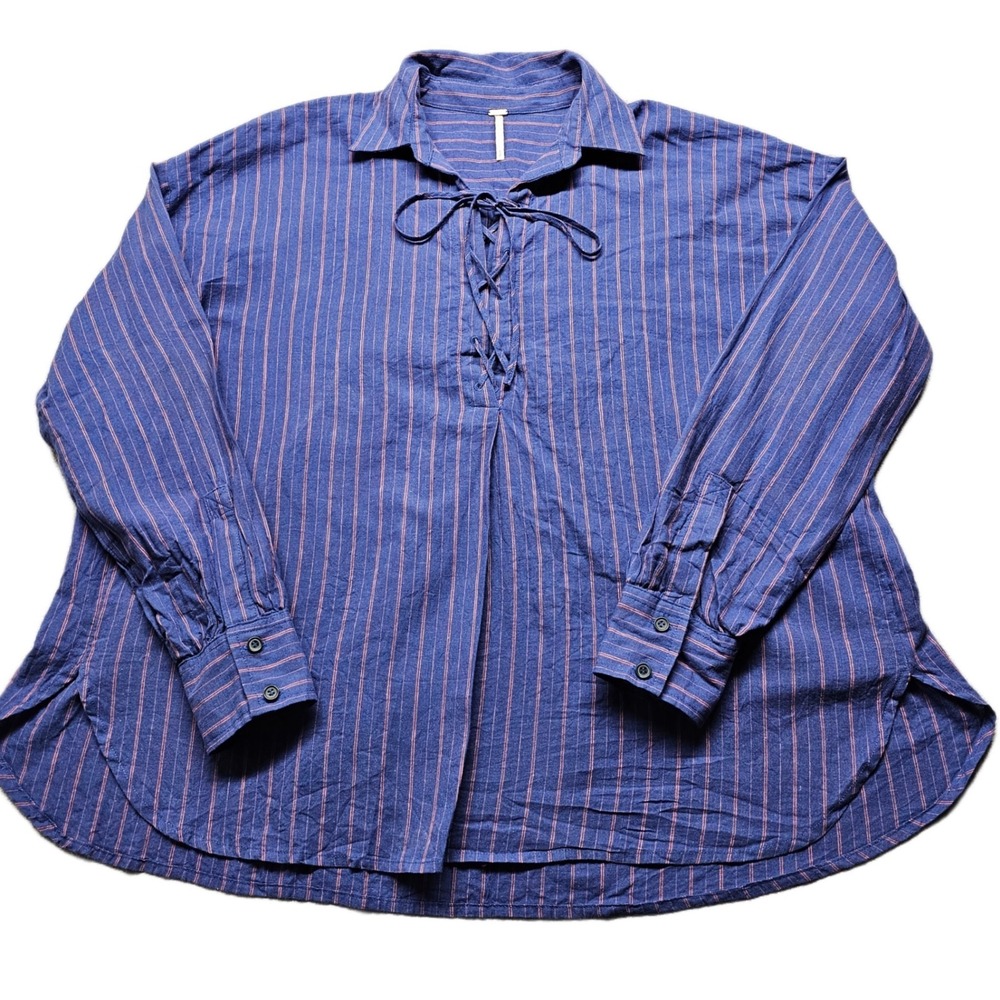 Free People Blouse‎ Top Women SP Blue Striped Linen Blend Long Sleeve Lace Up